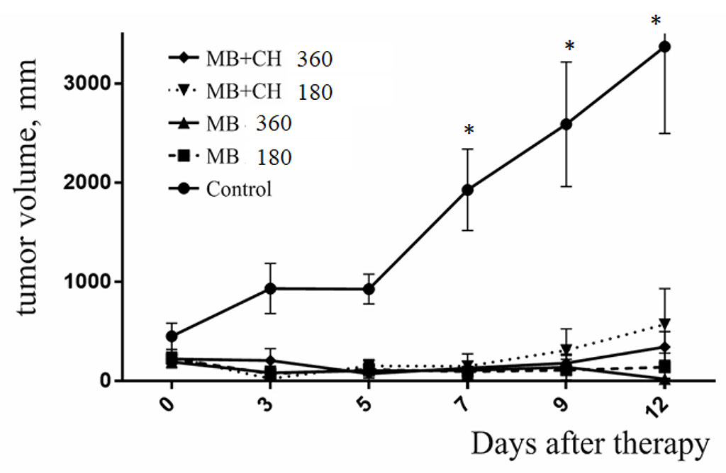 Figure. 2. Dynamics of B16 melanoma growth in mice that did not survived after photodynamic therapy with MB. *p< 0,05