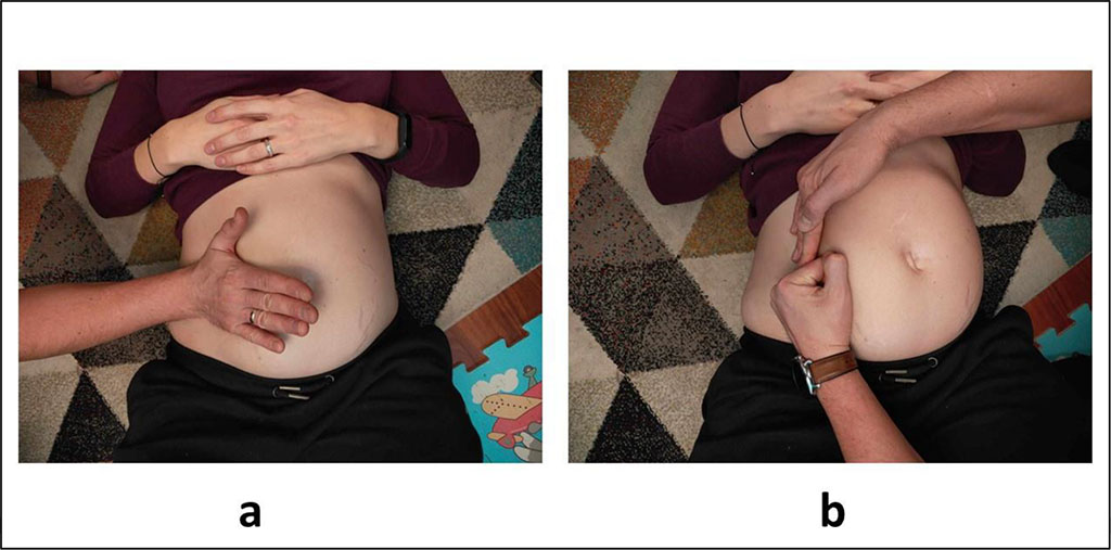 Figure 3. Maneuver to move the uterus to the left side - (a) with one hand, (b) with both hands [Authors' own figure].