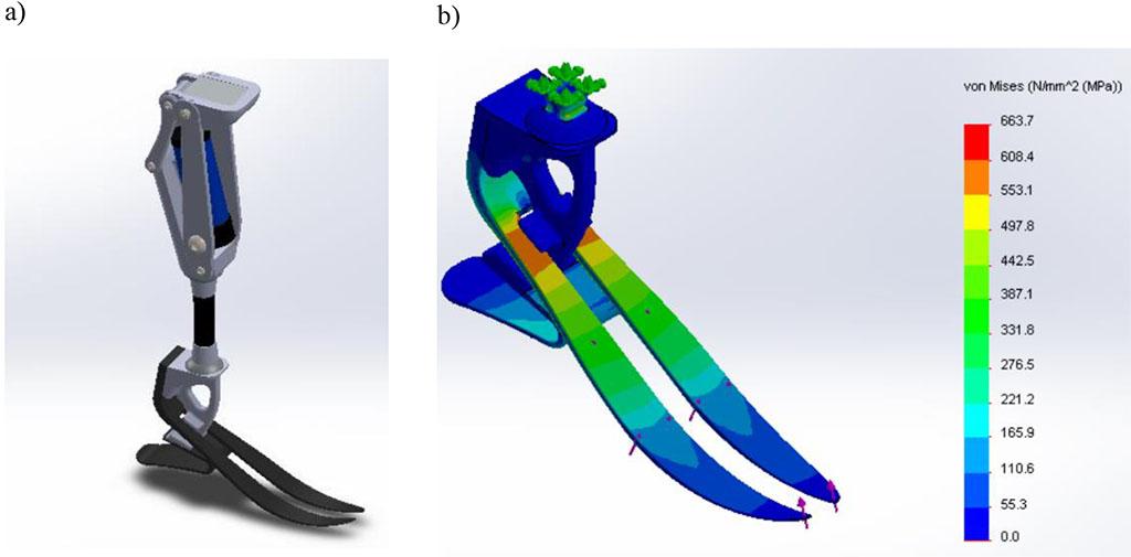 Rysunek 1. a) Model protezy nogi, widok z góry; b) Przedstawienie rozkładu naprężenia w chwili 2 s (maksimum) dla stopy protezowej