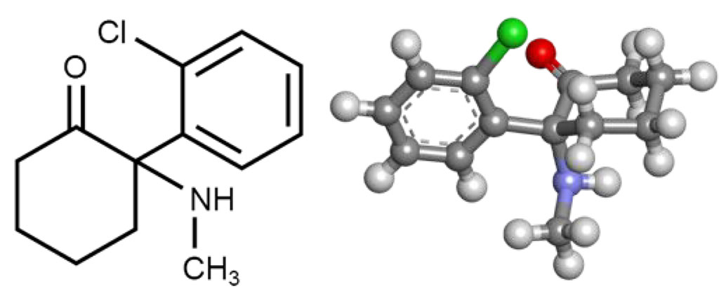 Figure 1 (Ketamine, 2016): chemical formula and atomic structure of ketamine